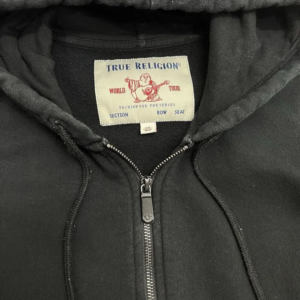 True Religion Hoodie Mens Small Black Gold Chain Spell Out Sleeves Full Zip